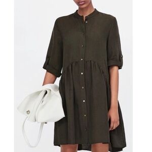 Zara Woman Tiered Linen Button Down Baby Doll Smock Dress Goth Brown | Sz S